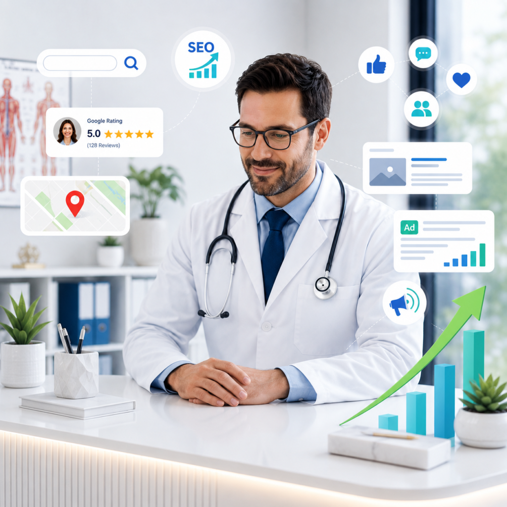 Digital marketing for doctors showing medical practice growth, SEO, reviews and online appointment visibility